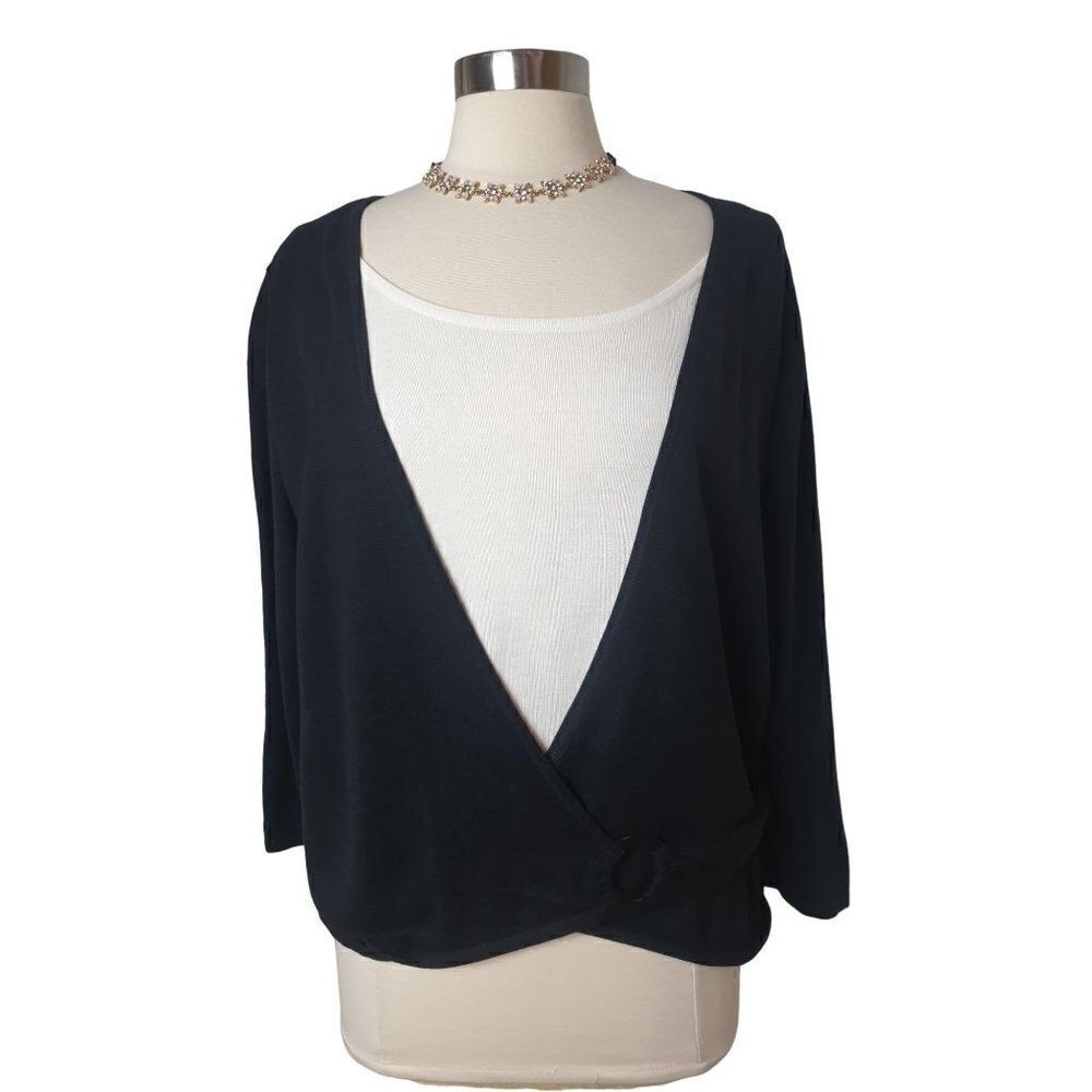 Women's Sweater Lg Black White Dressy Pullover O-Ring Belted Front NWOT